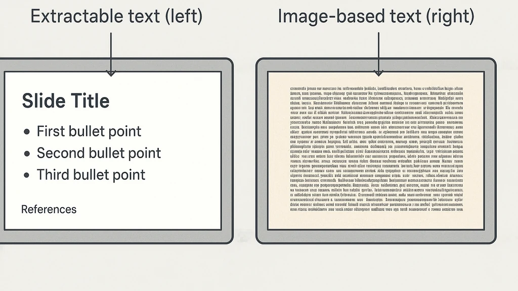 Split-screen vergelijking van een PPT-dia met aan de linkerkant uit te lezen tekst en een dia met op afbeeldingen gebaseerde tekst aan de rechterkant