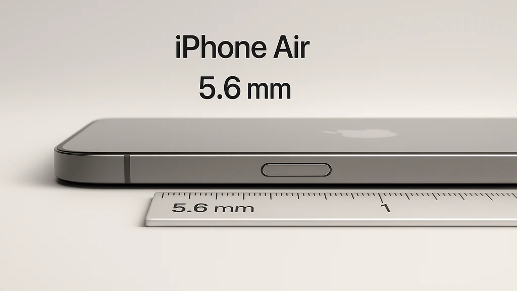 Ultra-thin iPhone Air shown in profile next to a ruler displaying 5.6 mm thickness, on a clean studio background.