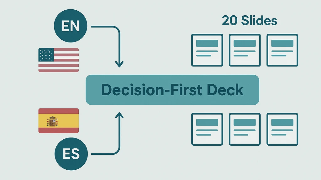 Illustratie van een tweetalige beslissings‑eerste PMI‑workflow waarbij twee taalstromen samenkomen in een centrale 'Decision‑First Deck' ruggengraat met dia‑icoontjes
