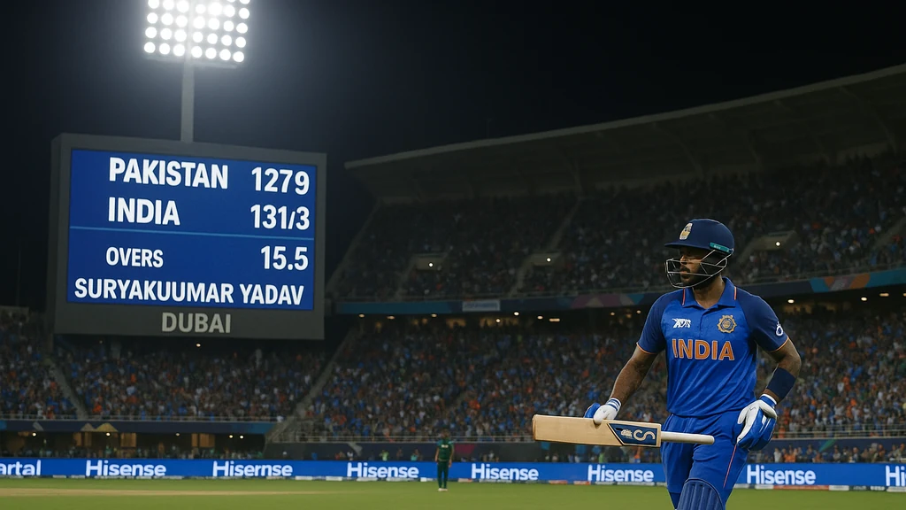 Dubai night cricket stadium with a bright scoreboard showing Pakistan 127/9 and India 131/3 in 15.5 overs, Surya Kumar Yadav at the crease.