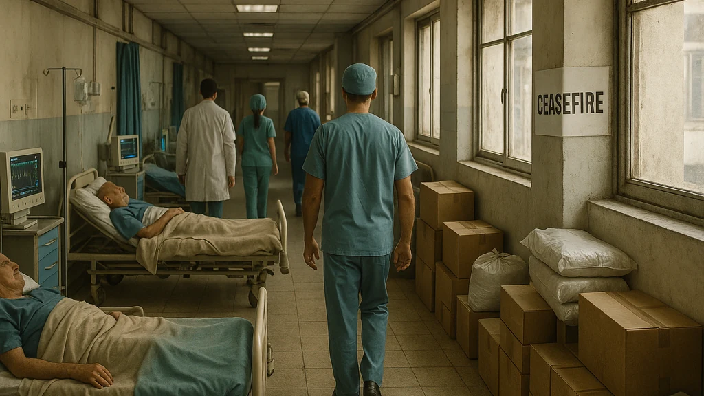 Sairaalan käytävä Gazassa, kun lääkintähenkilöstö palaa töihin tulitauon alaisuudessa, näkyvillä sairaaloiden laitteita, symboloi siviilien terveydenhoidon palautumista.