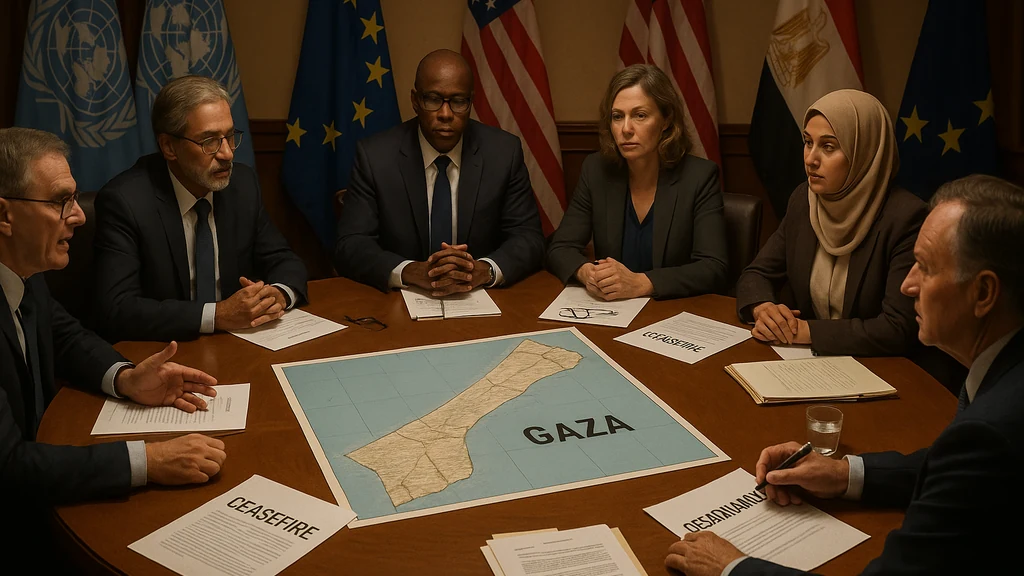 Diplomaten uit meerdere landen rondom een conferentietafel die een staakt-het-vuren in Gaza onderhandelen, met een kaart van Gaza en staakt-het-vuurdocumenten zichtbaar.
