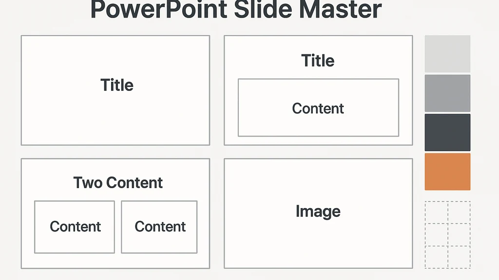 Diagram of a PowerPoint Slide Master with multiple layouts and placeholders