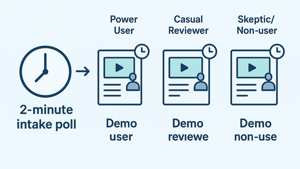 Flow diagram of a Zoom training showing a 2-minute intake poll feeding three persona lanes (Power User, Casual Reviewer, Skeptic/Non-user) with a producer cue and timers.