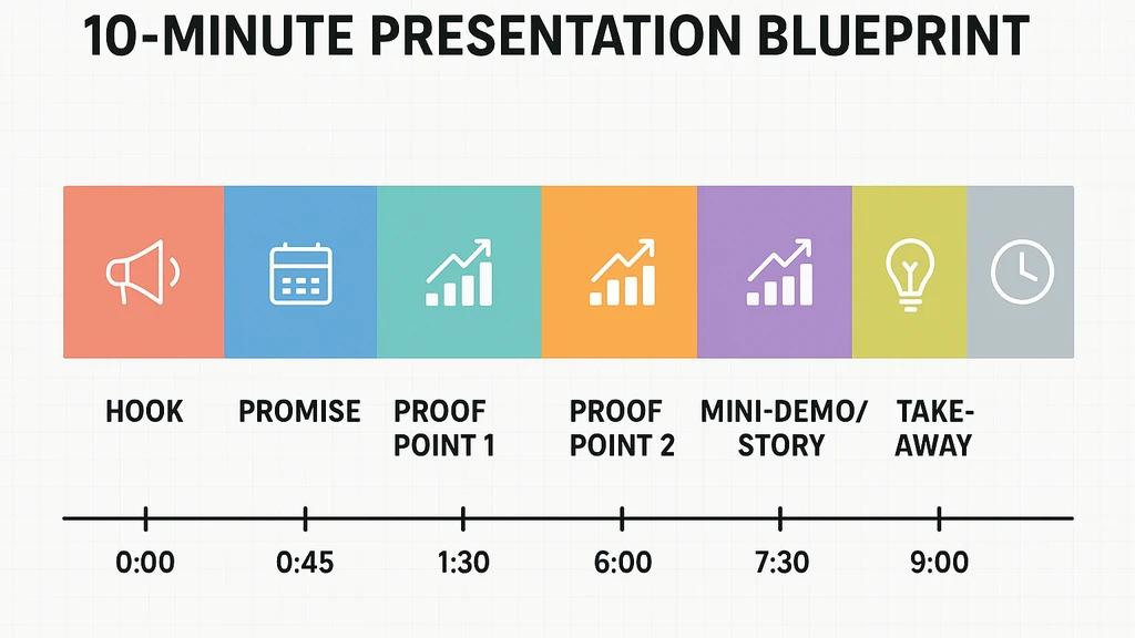 Timeline infographic of a 10-minute presentation blueprint with colored segments for each beat and a clock at the end.