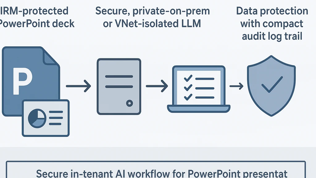 Diagram showing an in-tenant AI workflow for PowerPoint notes inside a corporate boundary: IRM-protected slides exported as ephemeral images, processed by a private LLM within the network, with notes reinjected into PowerPoint and an auditable log trail.