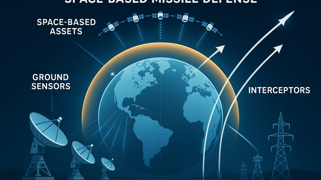 Ilustracja obrony przeciwrakietowej opartej na kosmosie, pokazująca złotą kopułę wokół Ziemi, orbitujące satelity oraz naziemne sieci radarowe koordynujące wykrywanie i przechwytywanie rakiet.