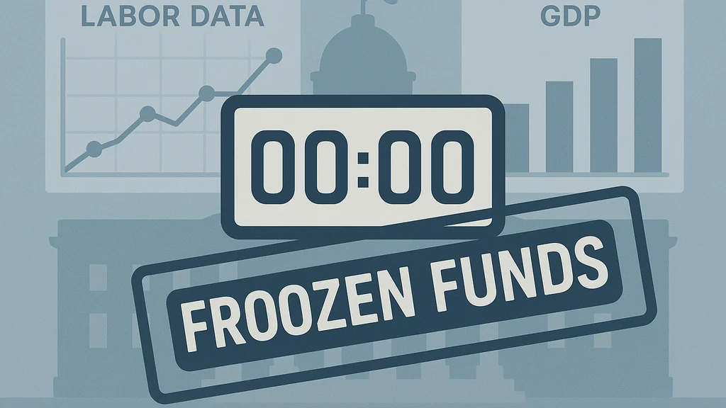 Nedtællingsur over pauset data-kort med silhuet af en regeringsbygning og et rødt 'FROZEN FUNDS'-stempel, der illustrerer en regeringsnedlukning, der forsinker dataudgivelser.