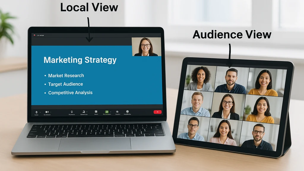 Split-screen-concept dat Local View (laptop met Zoom-presenter-overlay boven dia’s) en Audience View (tablet die kijkersweergave toont) toont, ter illustratie van de twee-apparaat audience-check-methode.