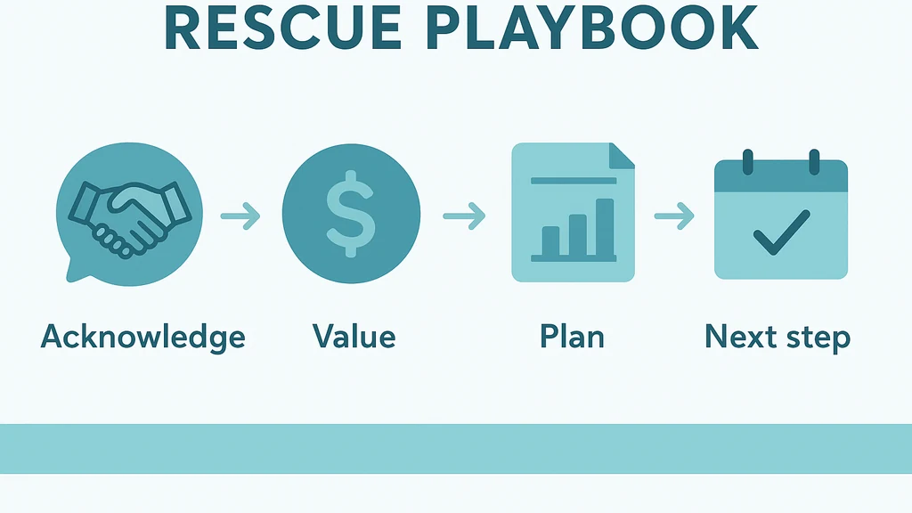 Flowchart of the post-demo salvage process: acknowledge concern, map to business value, propose data-backed follow-up, and lock in the next steps with a calendar invite.