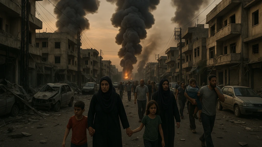 Siviilien evakuointikohtaus Beirutin eteläisten esikaupungkien alueella, kun kaukaa nouseva savu peittää etäisiä ilmaiskuja ja vaurioituneita rakennuksia sekä jännittynyt kaupunkikatu.