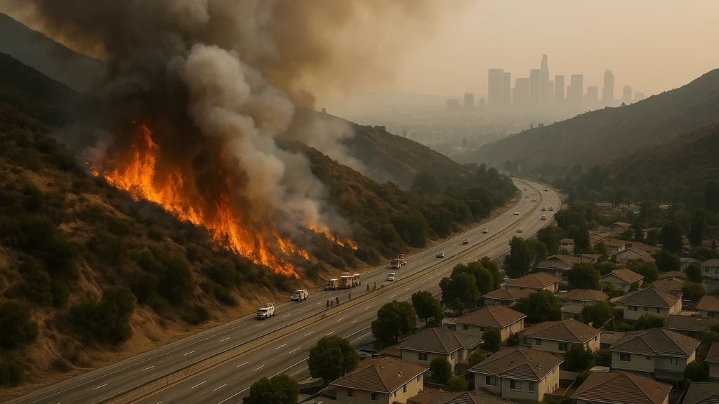 Quan cảnh trên cao của một đám cháy rừng gần Los Angeles, khói che phủ các đồi và các nhân viên ứng phó khẩn cấp dọc theo một con đường giữa mái nhà ở khu vực ngoại ô; đường chân trời xa hiện lên qua làn sương mù.