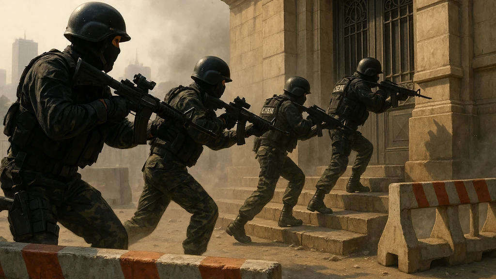 Elite CAPSAT-kommandosoldater i taktisk udstyr, der sikrer en regeringsbygning under Madagaskars kup i 2025.