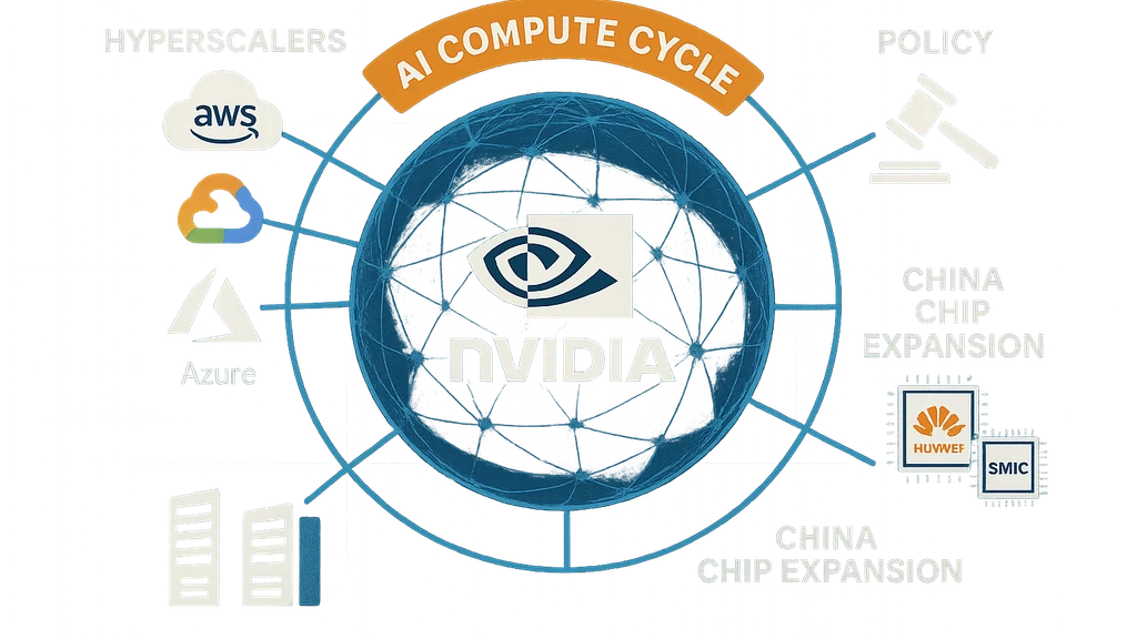 Nvidia di pusat jaringan komputasi AI global dengan garis yang menghubungkan penyedia cloud, simbol kebijakan, dan infrastruktur Huawei/SMIC China.