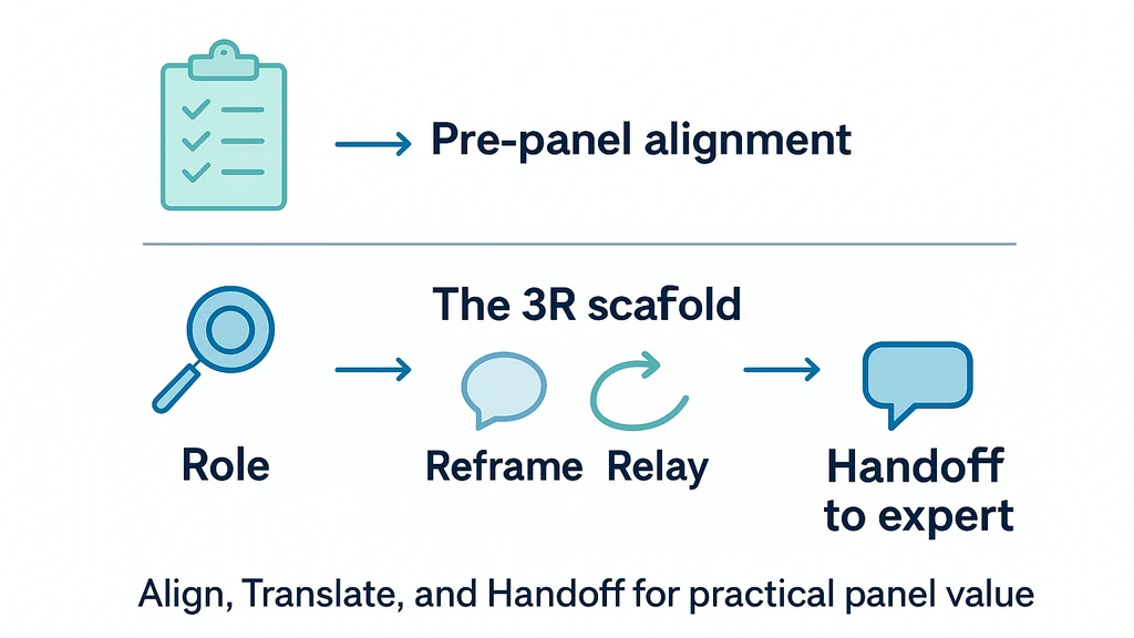 Infografika zobrazující tříkrokový panelový plán pro neexperty: předpanelové sladění, 3R rámec (Role, Reframe, Relay) a předání na scéně expertům, s ikonami čočky, šipek a podání ruky.