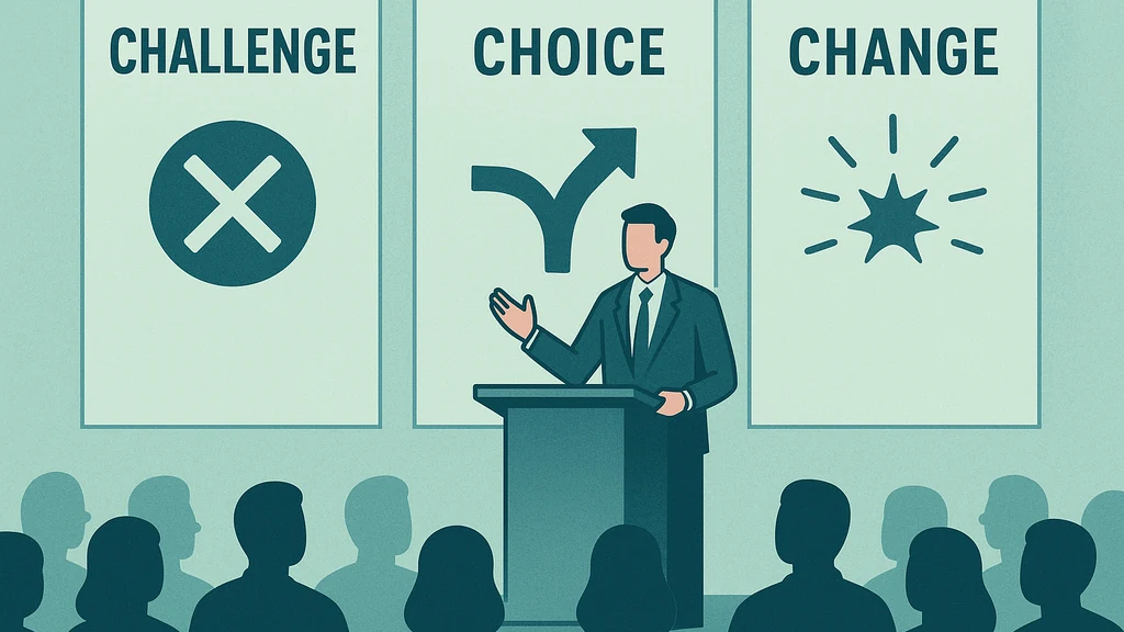 Infographic showing the Challenge–Choice–Change arc: a speaker on stage with three panels labeled 'Challenge', 'Choice', 'Change' and simple audience silhouettes.