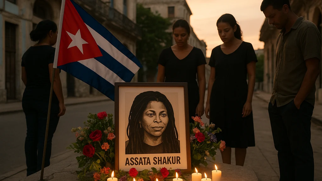 Memorial in Havana for Assata Shakur: flowers, lit candles, a framed portrait, and a Cuban flag in the background as mourners gather in quiet tribute.
