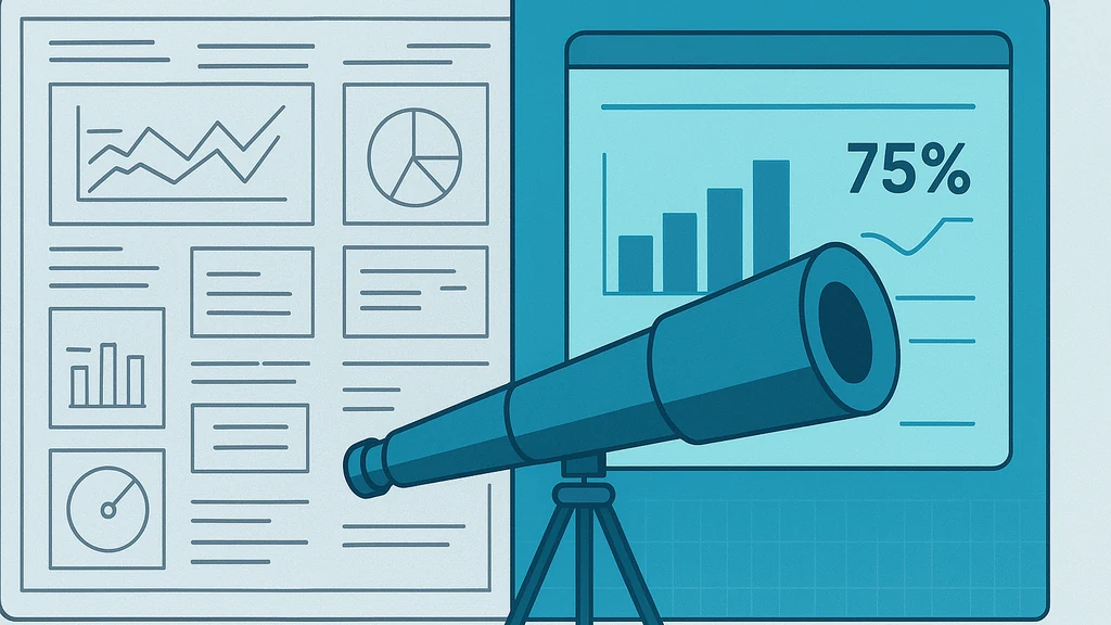 A visual metaphor showing a dashboard as a telescope: on the left, a dense blueprint of metrics and numbers; on the right, a sleek telescope focusing on a single KPI visualization, illustrating focus on decision-making over data dumps.
