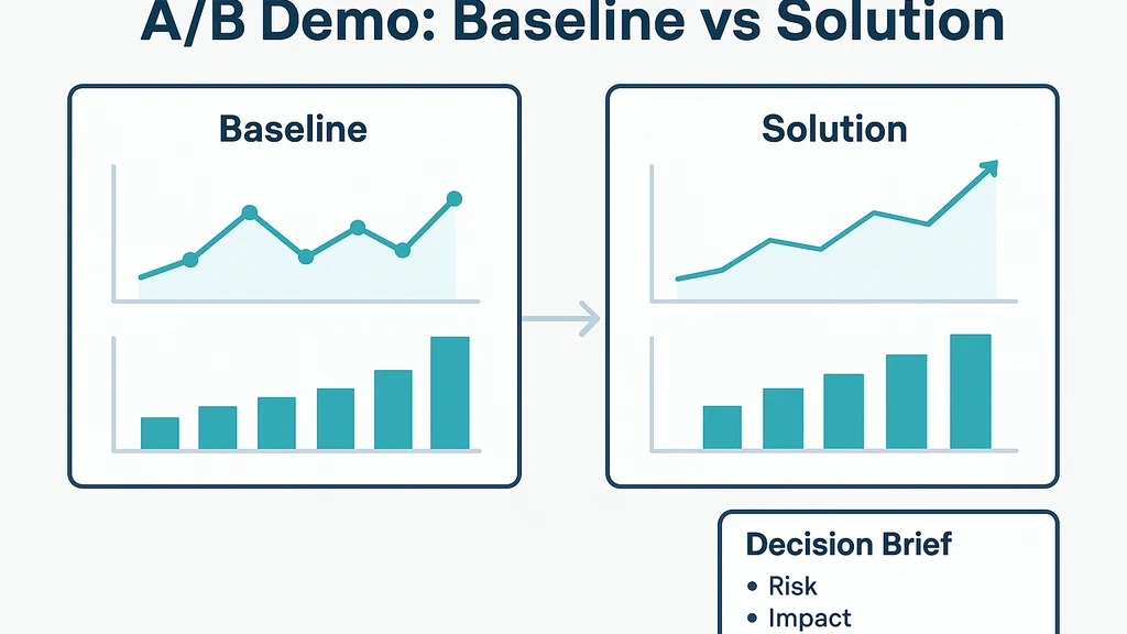 Diagram showing an A/B demo with Baseline and Solution side-by-side dashboards illustrating comparative metrics and a final decision brief.