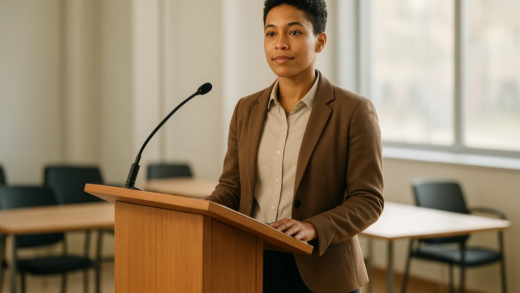 تصویر: سخنران پشت تریبون با وضع بدنی تثبیت‌شده برای ارائه آرام، پاها با عرض‌شانه از هم، دستان به آرامی روی تریبون، در یک اتاق کنفرانس روشن.