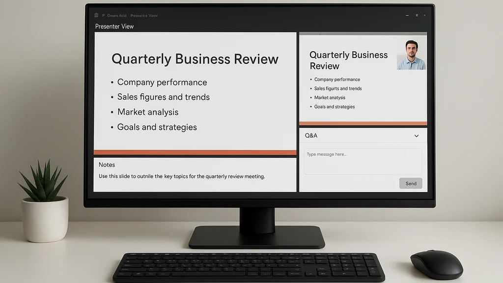 Työnkulku A - Kuva: Esittäjänäkymä yhdellä näytöllä, jossa diaesityksen ikkuna jaetaan Zoomissa.
