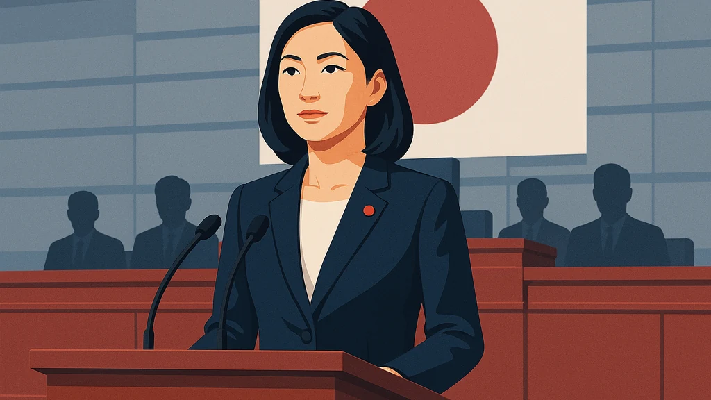 Toimituksellinen kuvitus rauhallisesti hallitsevasta naispuolisesta poliitikosta puhujalavalla, hänen takanaan ministerien jono, symboloiden Japanin potentiaalista ensimmäistä naisministeriä ja kokenutta hallitusta.