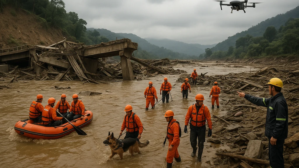 Taiwan rescue workers wading through muddy floodwaters after a barrier-lake breach during Typhoon Ragasa, with drones overhead and improvised boats in a disaster zone.