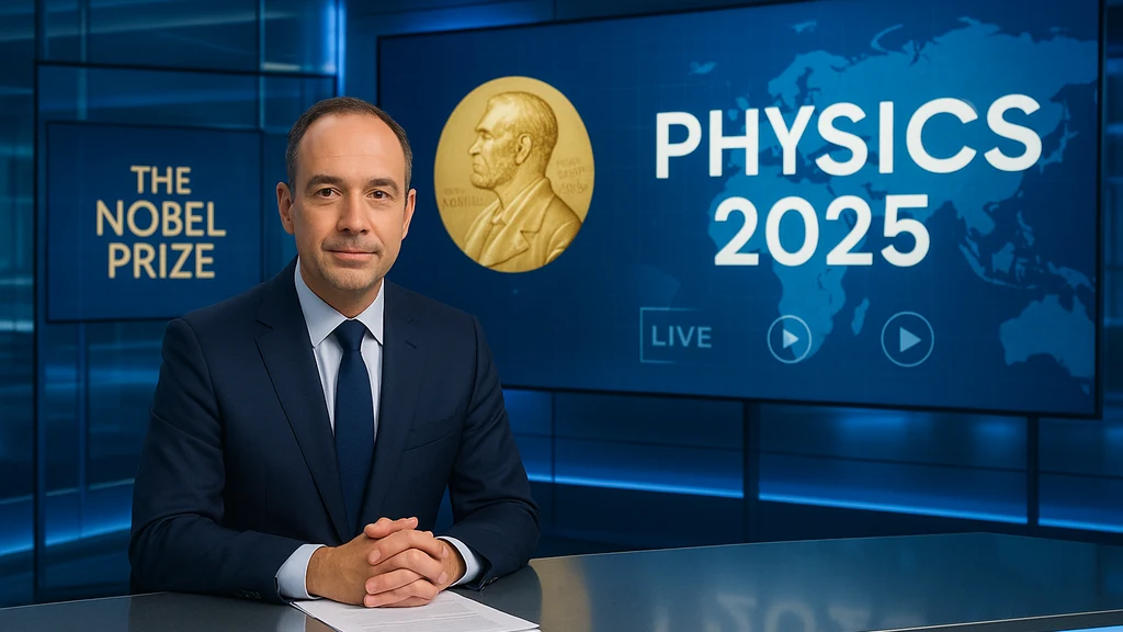 Broadcast studio setup for a live Nobel Prize in Physics 2025 livestream, featuring a host at a desk and multiple screens with Nobel branding.