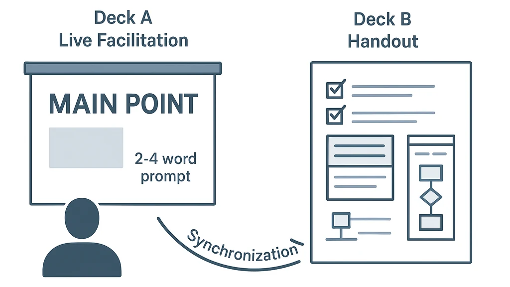 Diagram showing two-deck presentation system: Deck A on the left with a minimal live-slide design for facilitation; Deck B on the right with a detailed, reference-style handout; a curved arrow labeled Synchronization links Deck A slides to Deck B pages.