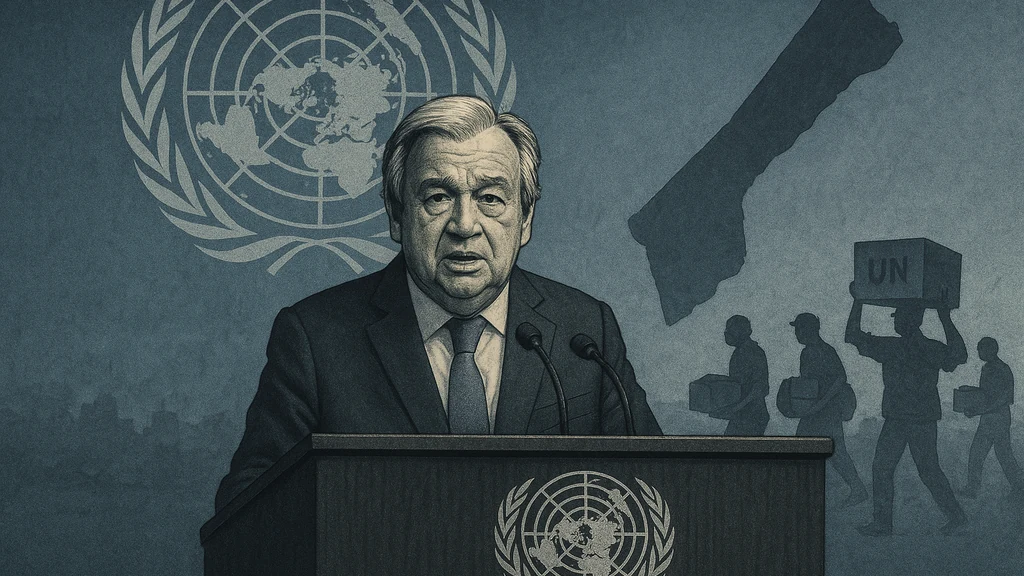 UN Secretary-General at a podium delivering condemnation of the Gaza war; UN emblem above; faint Gaza map silhouette with humanitarian aid workers in the background.
