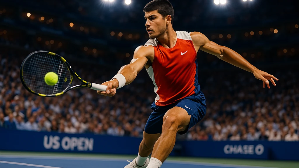 Cuplikan aksi Carlos Alcaraz di lapangan tenis selama pertandingan Grand Slam, menampilkan gerak kaki yang tepat dan fokus intens saat ia melakukan forehand.