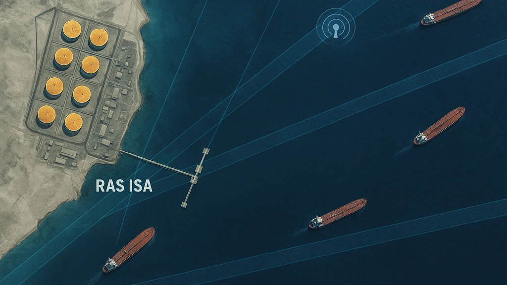 Tangkapan layar satelit terminal minyak Ras Isa di pantai barat Yaman dengan tangki minyak, dermaga, dan kapal tanker, rute pelayaran yang dilapisi di Laut Merah.