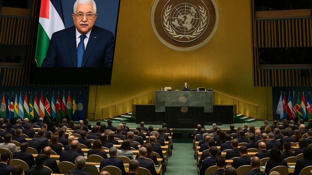 Palestinian President Mahmoud Abbas delivering a video address to the UN General Assembly (UNGA 80) seen on a large screen as world leaders listen.